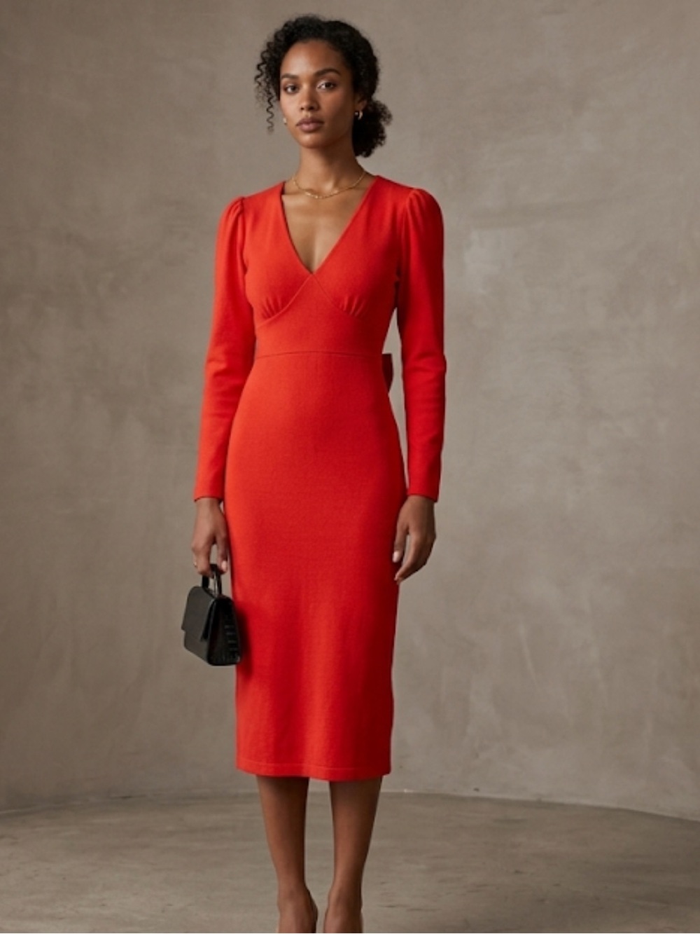 Boden Tomato Red Orange V-Neck Long-Sleeve Midi Dress Size 6 Regular